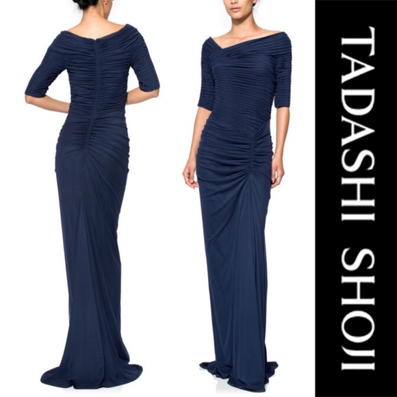 🔻Tadashi Shoji BLACK Ruched Asymmetrical Gown - Picture 2 of 4